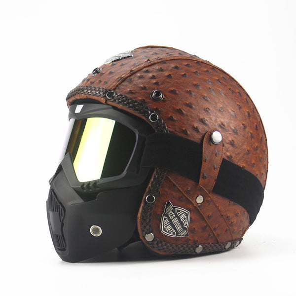 Vintage Leather Half-Face Motorcycle Helmet with Goggles – Retro