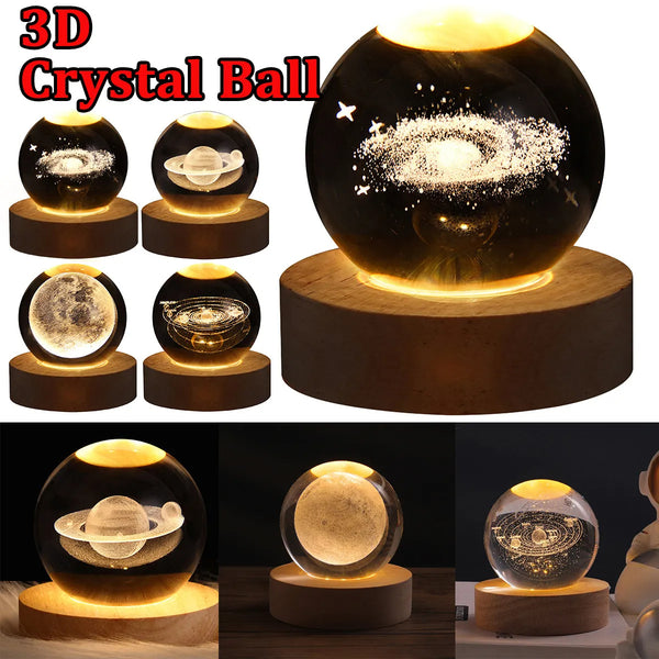 3D Crystal Galaxy Ball Lamp with LED Light & Wooden Stand