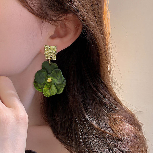 Silver Needle Acrylic Green Flower Stud Earrings