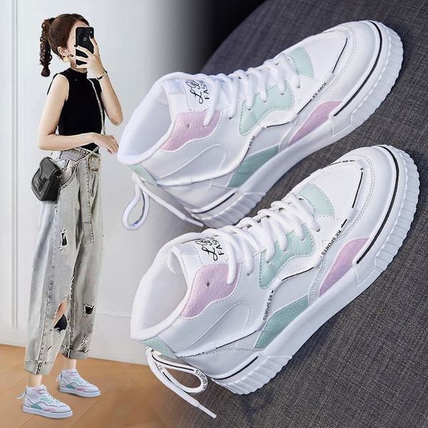 High-Top White Women’s Flat Running Shoes - Stylish Korean Sneakers