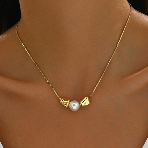 Geometric Ladies' Long Necklace with Pearl Inlay, Oval & Round Design