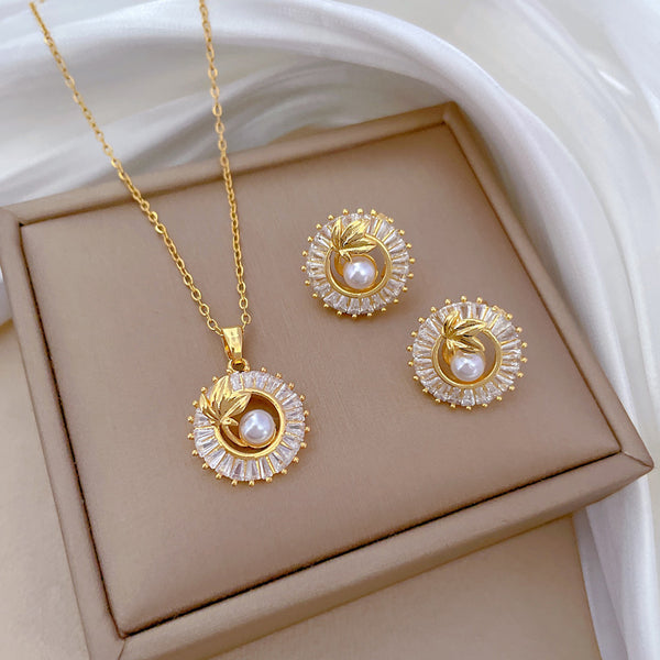 Fashion Jewelry Square Full Diamond Round Ring Necklace Earrings Set